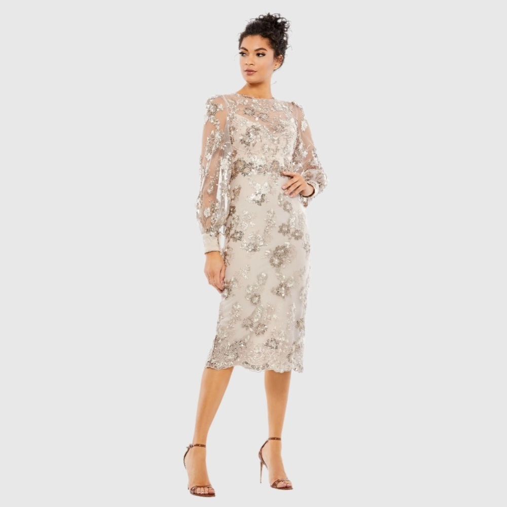 NWT MacDuggal Beige Embellished High Neck Illusion Long Sleeve Midi Dress Sz 14